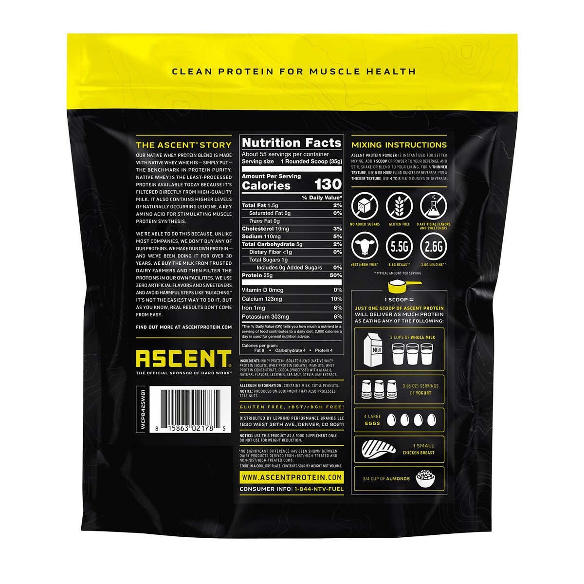 Ascent 100% Whey Native Whey Protein, Various Flavors 4.25 Lbs