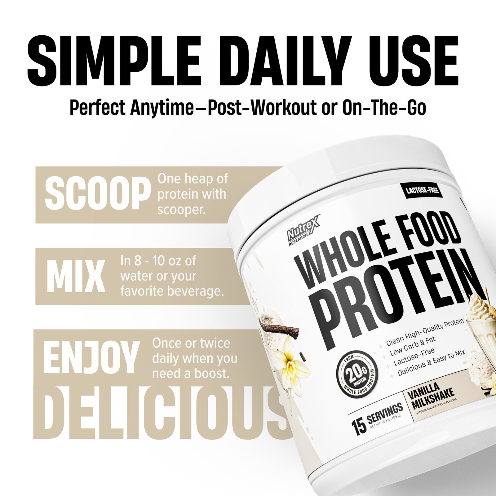Nutrex WHOLE FOOD PROTEIN Blend – 20 Gm Protein 0 Sugar Lactose Free 15 Servings