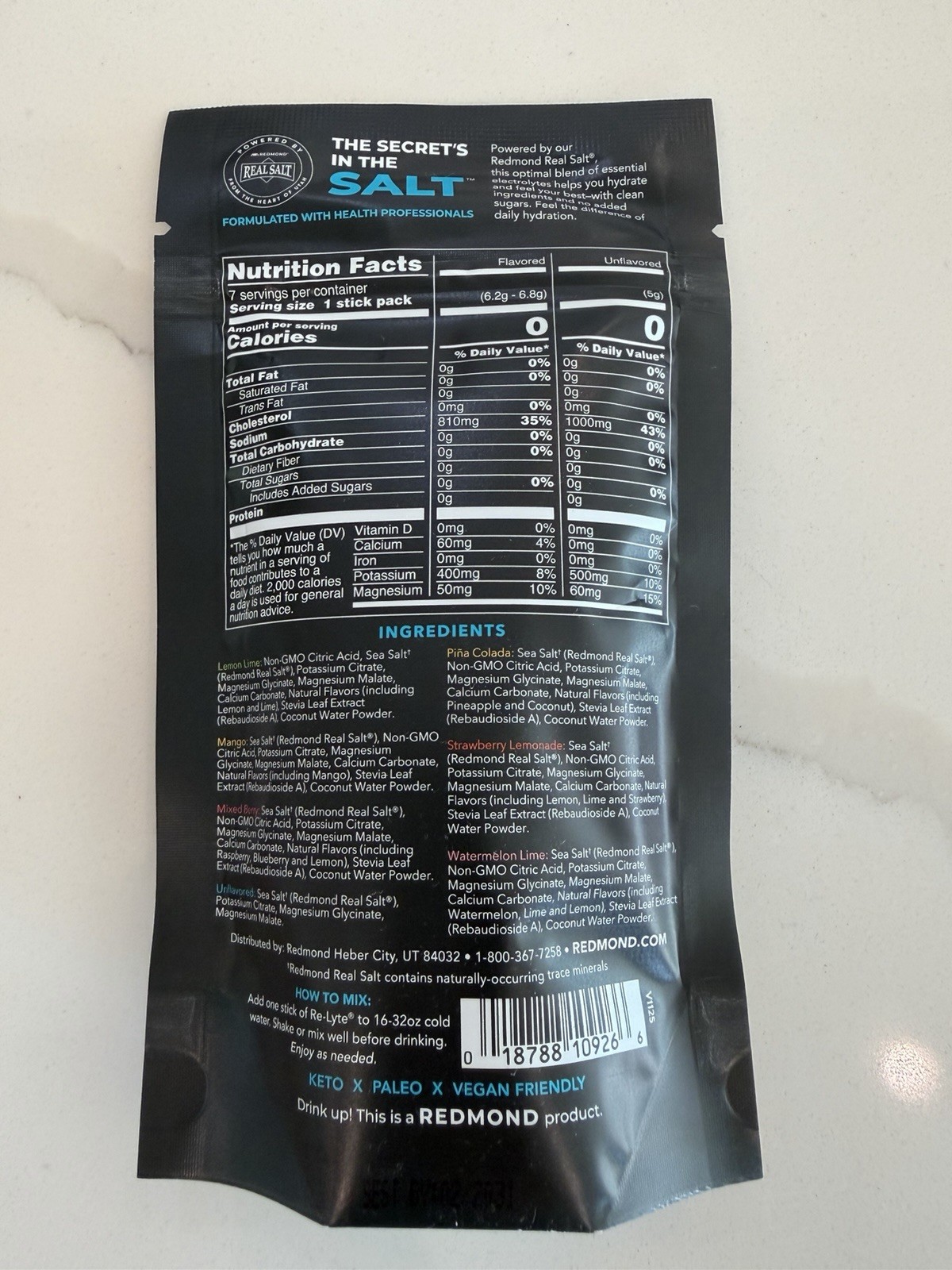 Redmond Re-Lyte Electrolyte Hydration Variety Pack of 7 Sticks 1.52 oz No Sugar