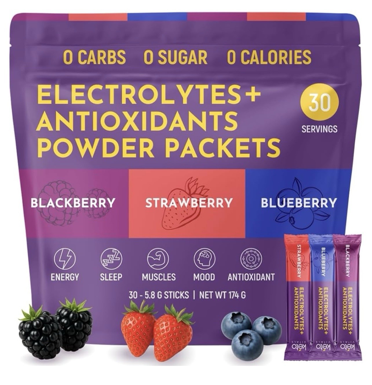 Keto Vitals Berry Electrolytes Energy Powder Packets No Sugar Keto Friendly 30pk