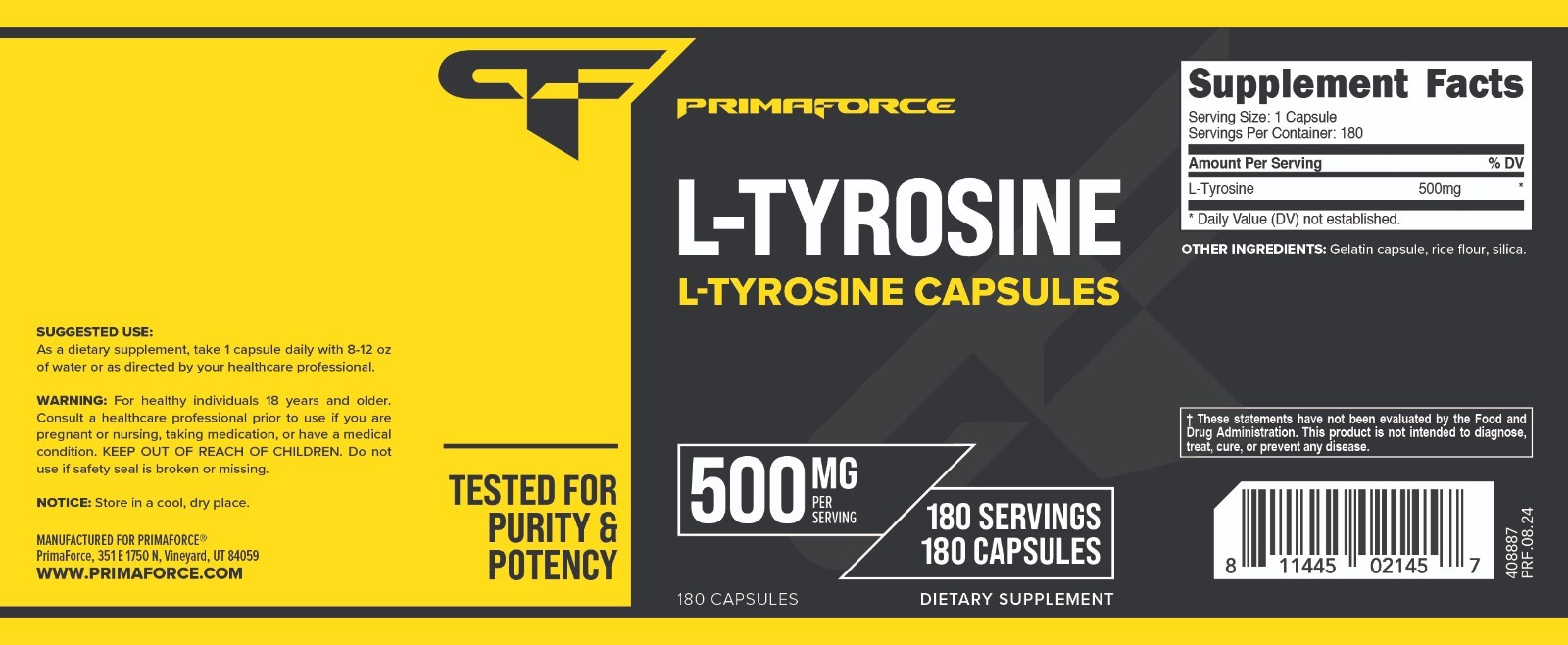 Primaforce L-Tyrosine Capsules 180 Capsules, 500 mg Per Serving
