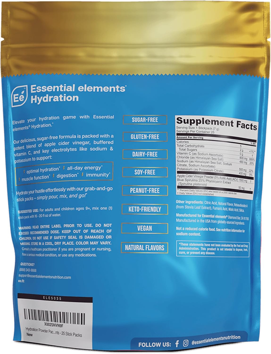 Essential Elements Hydration W/ ACV Blue Raspberry Lemonade 25 Packets | 12/2027