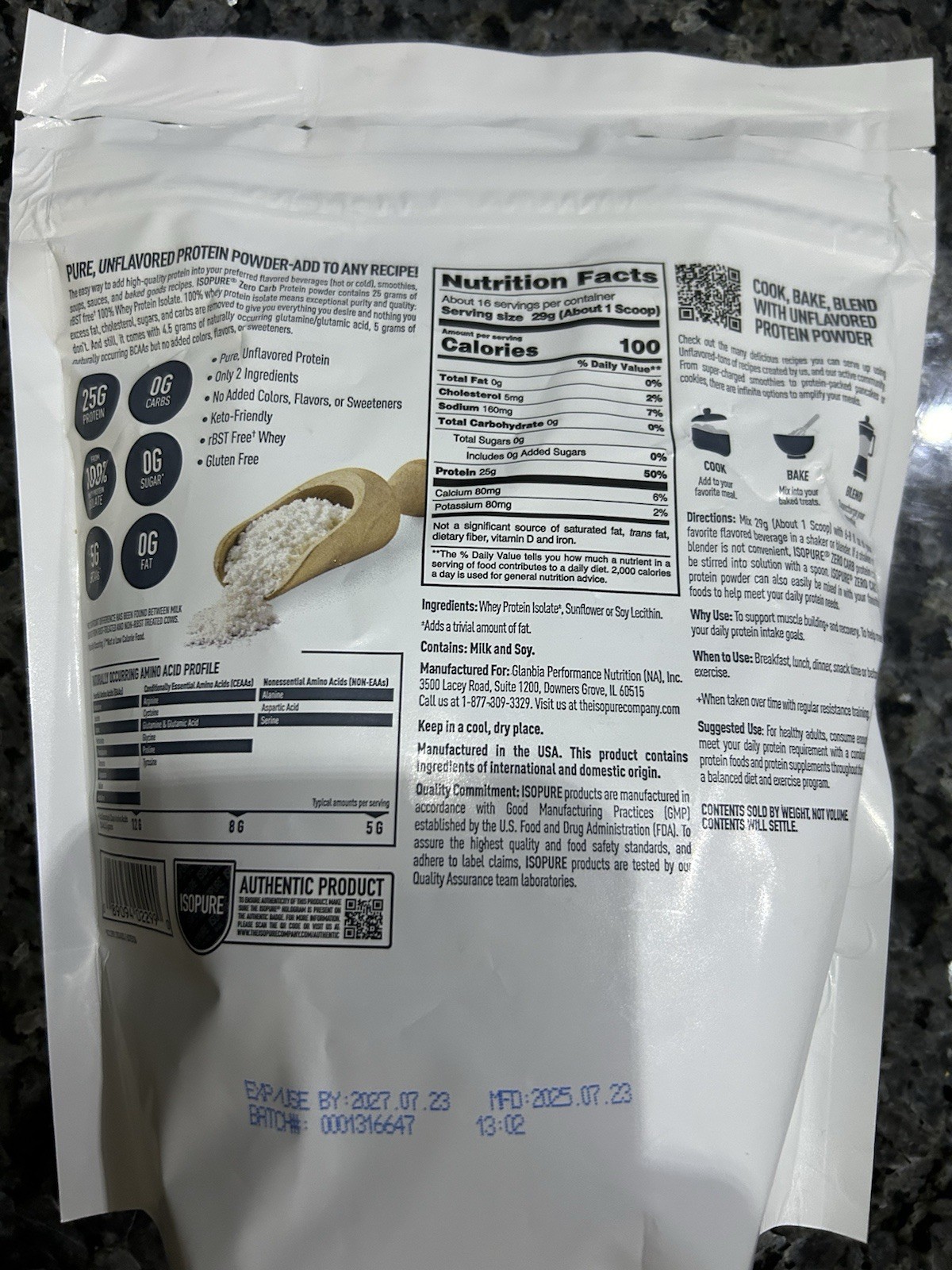 Isopure Unflavored Protein Powder 16 Oz(1 lbs) Best before 07/23/2027