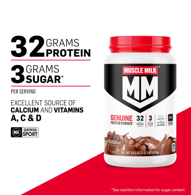 Muscle Milk Genuine Protein Powder, Vanilla, 32g Protein, 1.9lb, 30.9oz