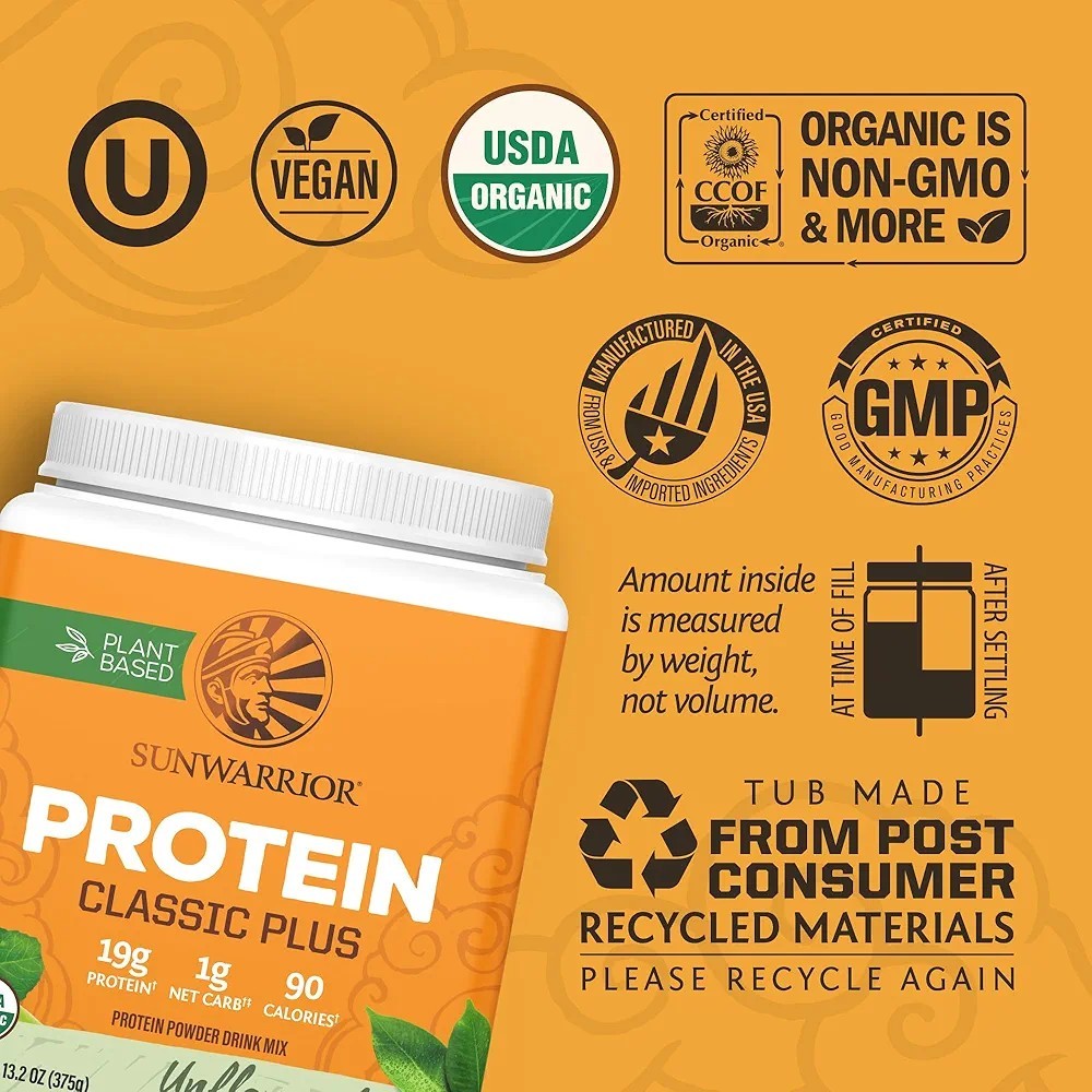 SUNWARRIOR Organic Classic Plus Natural, 13.2 oz Vegan Protein Powder Supplement