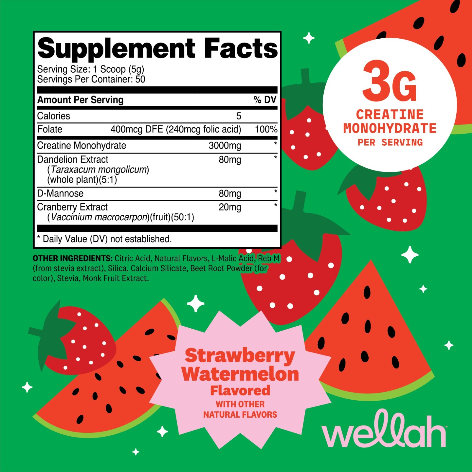 Wellah Creatine for Women (50 Servings) Strawberry Watermelon – 3g of Creatine
