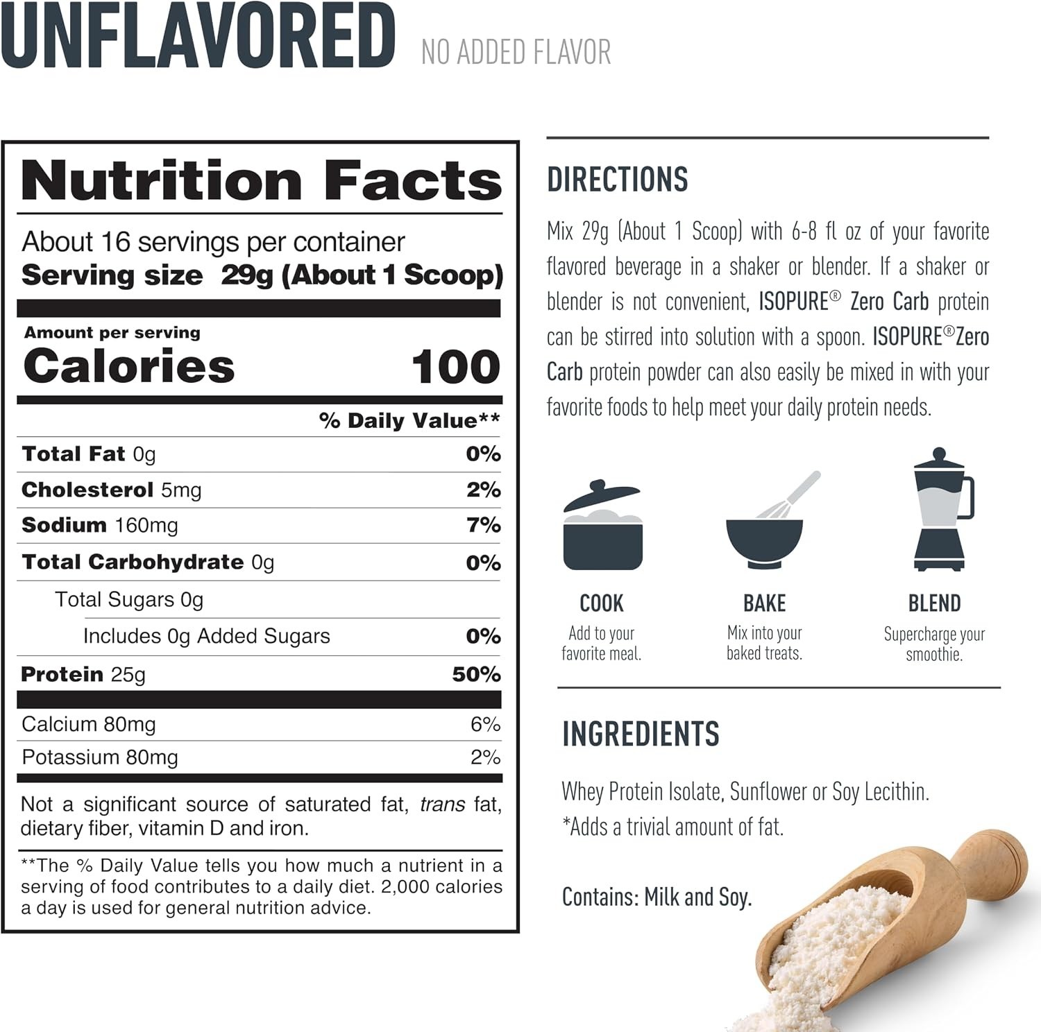 Isopure Zero Carb Whey Protein Isolate Unflavored 1lb 25g Protein 16 Serv