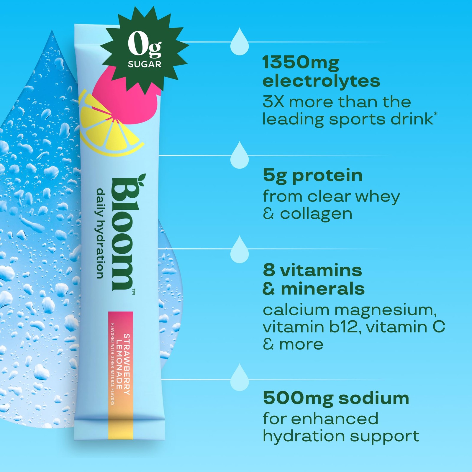 Bloom Daily Hydration Electrolyte Powder Packets with Collagen, 5g 5 Servings