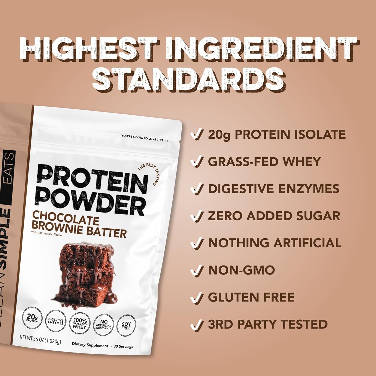 Clean Simple Eats Chocolate Brownie Batter Protein Powder 36oz Grass Fed 30 Serv