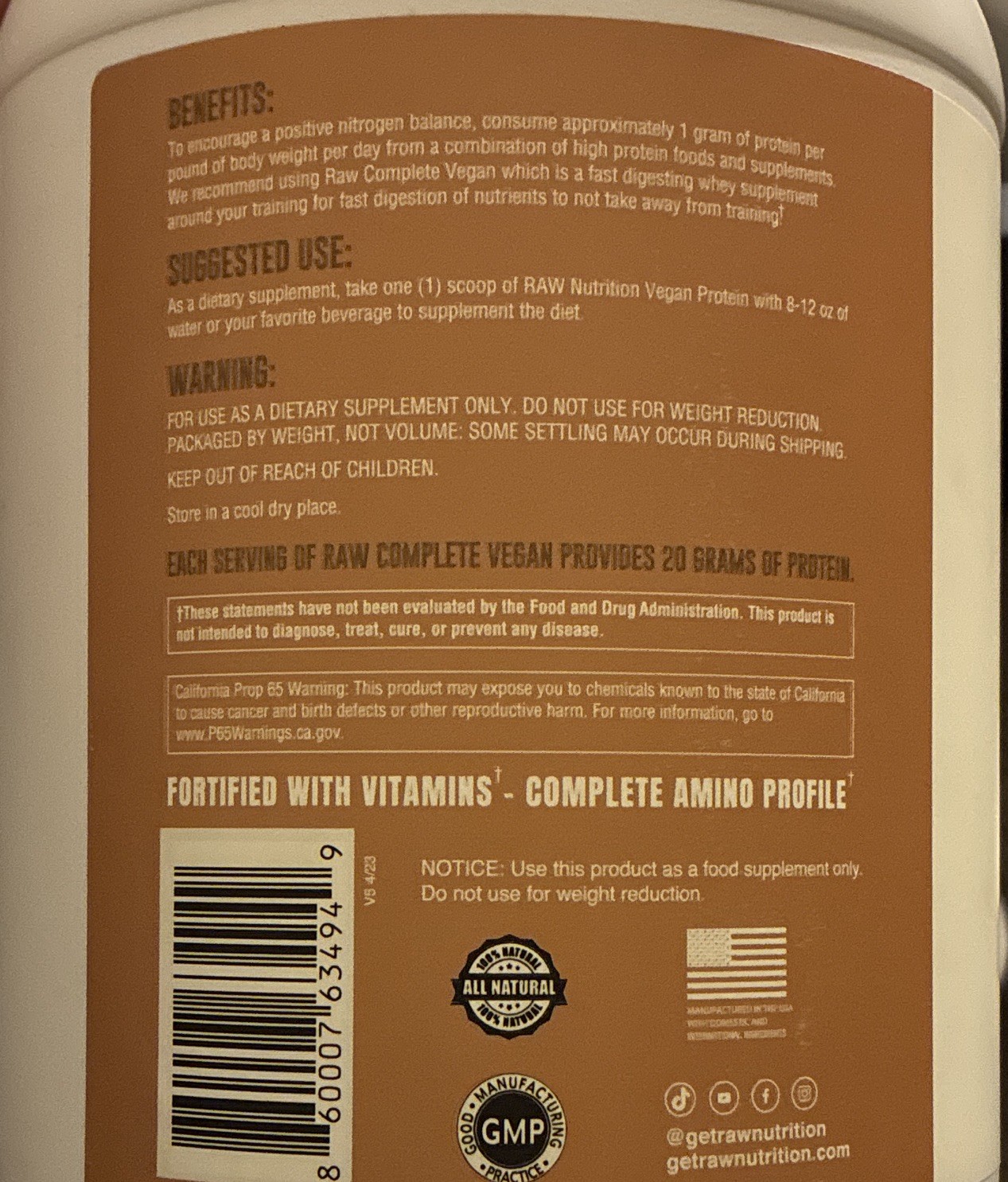 RAW Vegan Protein Peanut Butter Plant Based Protein Powder New Factory Sealed