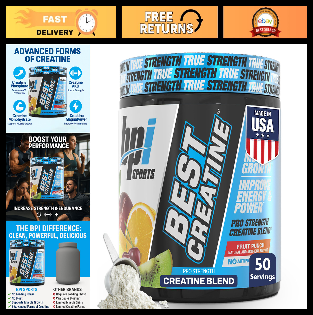 Creatine Monohydrate Powder – Strength, Endurance, Muscle Growth, No Bloat, Frui