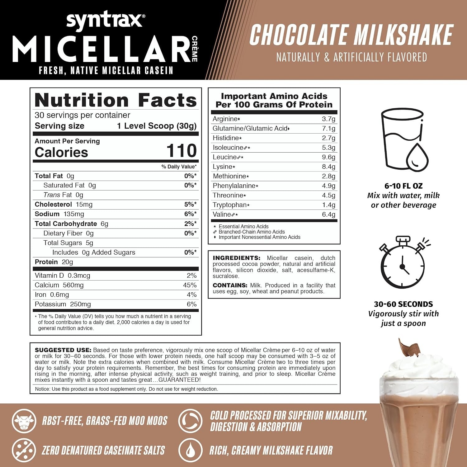 Chocolate Milkshake Micellar Casein, 100% rBST-Free – 2 lb for Muscle Recovery
