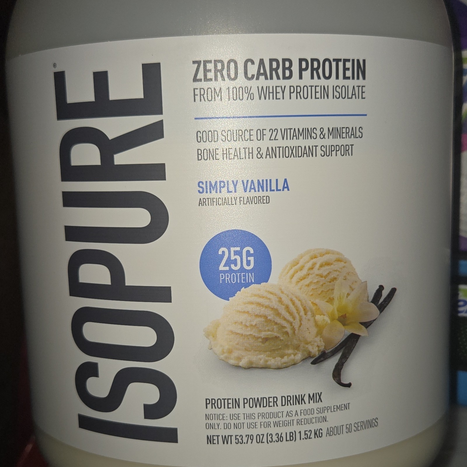 Isopure Zero Carb Whey Protein Isolate Simply Vanilla 53.79 oz 25g Protein