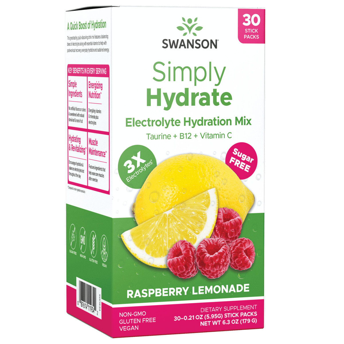 Swanson Simply Hydrate Electrolyte Hydration Mix – Raspberry Lemonade 30 Pkts