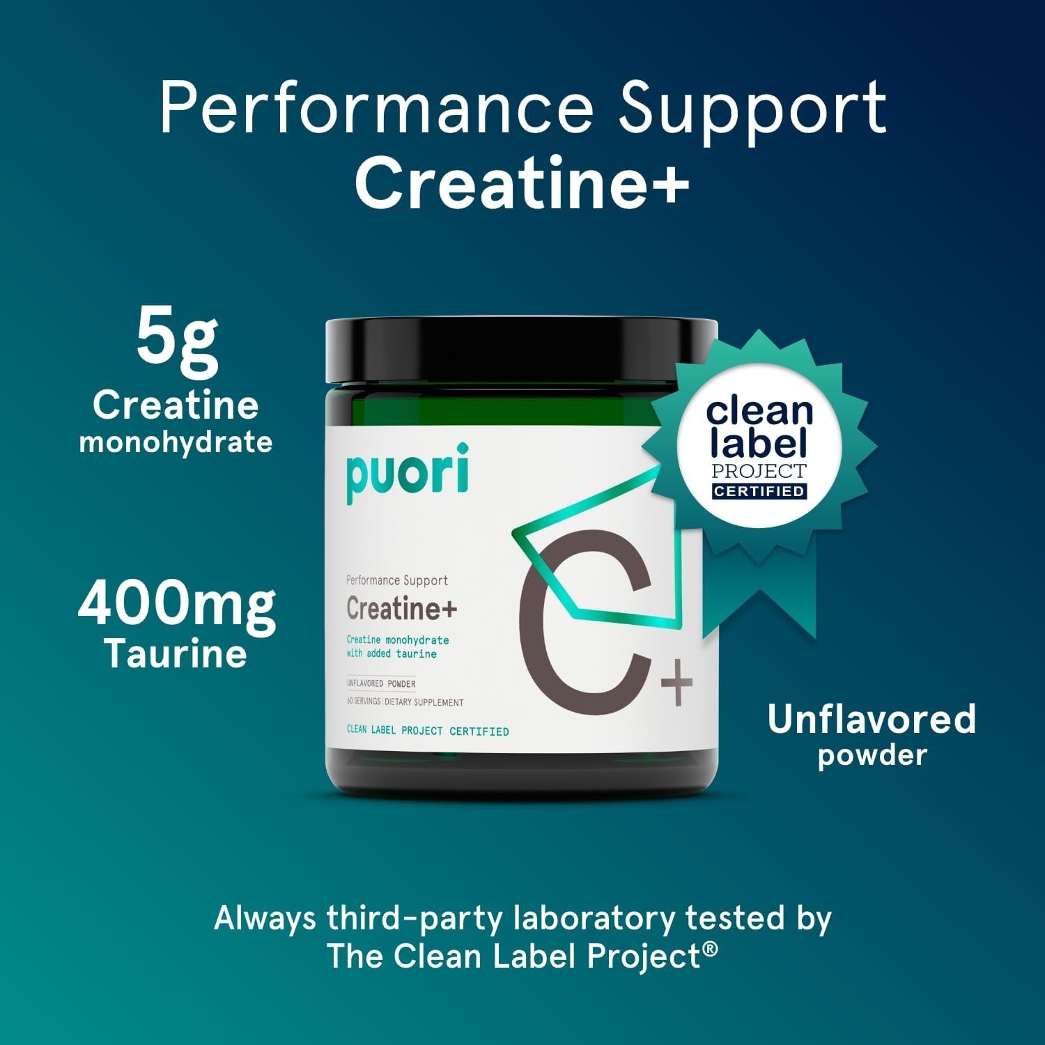 Puori Creatine Monohydrate Powder w Taurine Unflavored 60 Servings Muscle