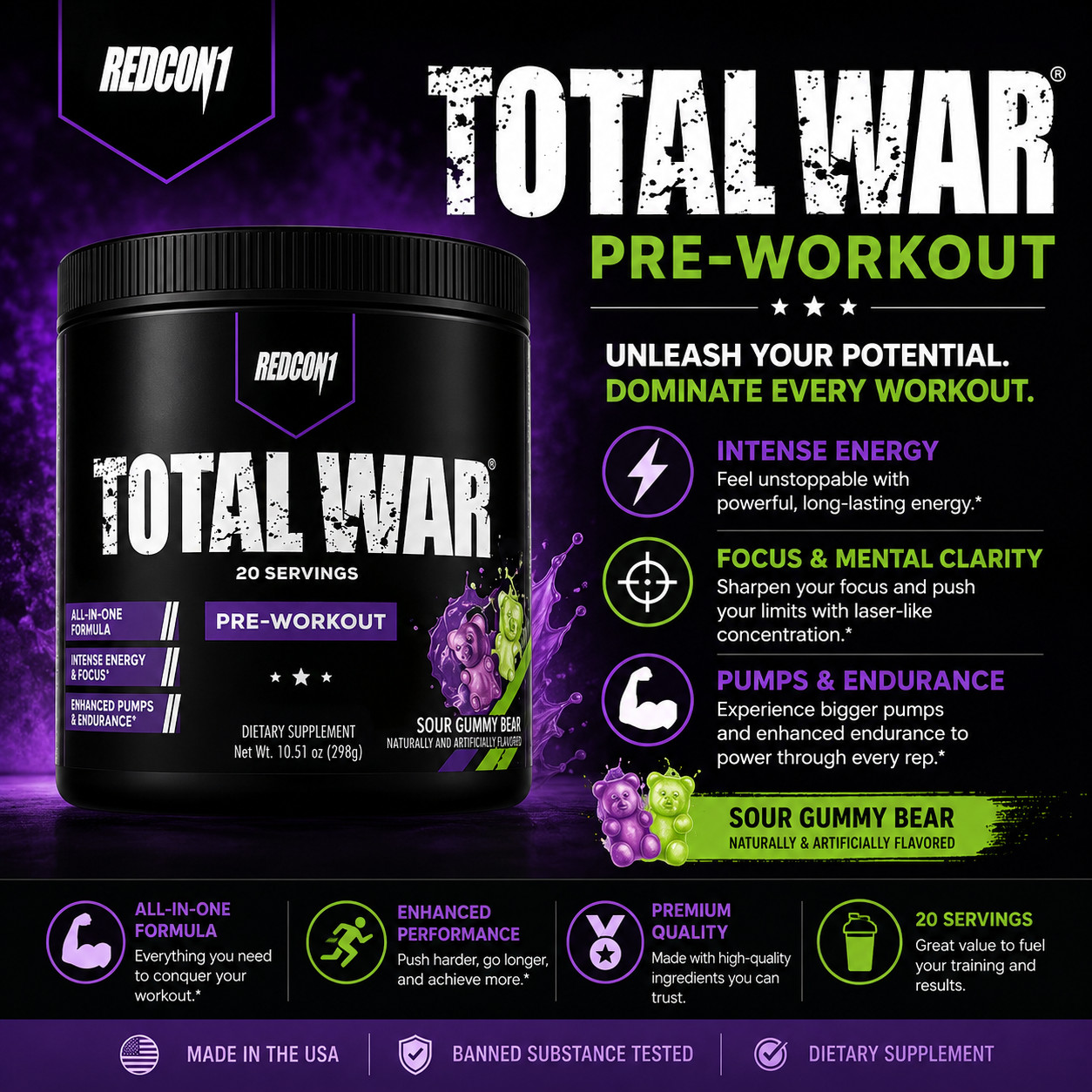 REDCON1 Total War Pre-Workout Sour Gummy Bears Powder 10.51 oz Lot of 2 10/27