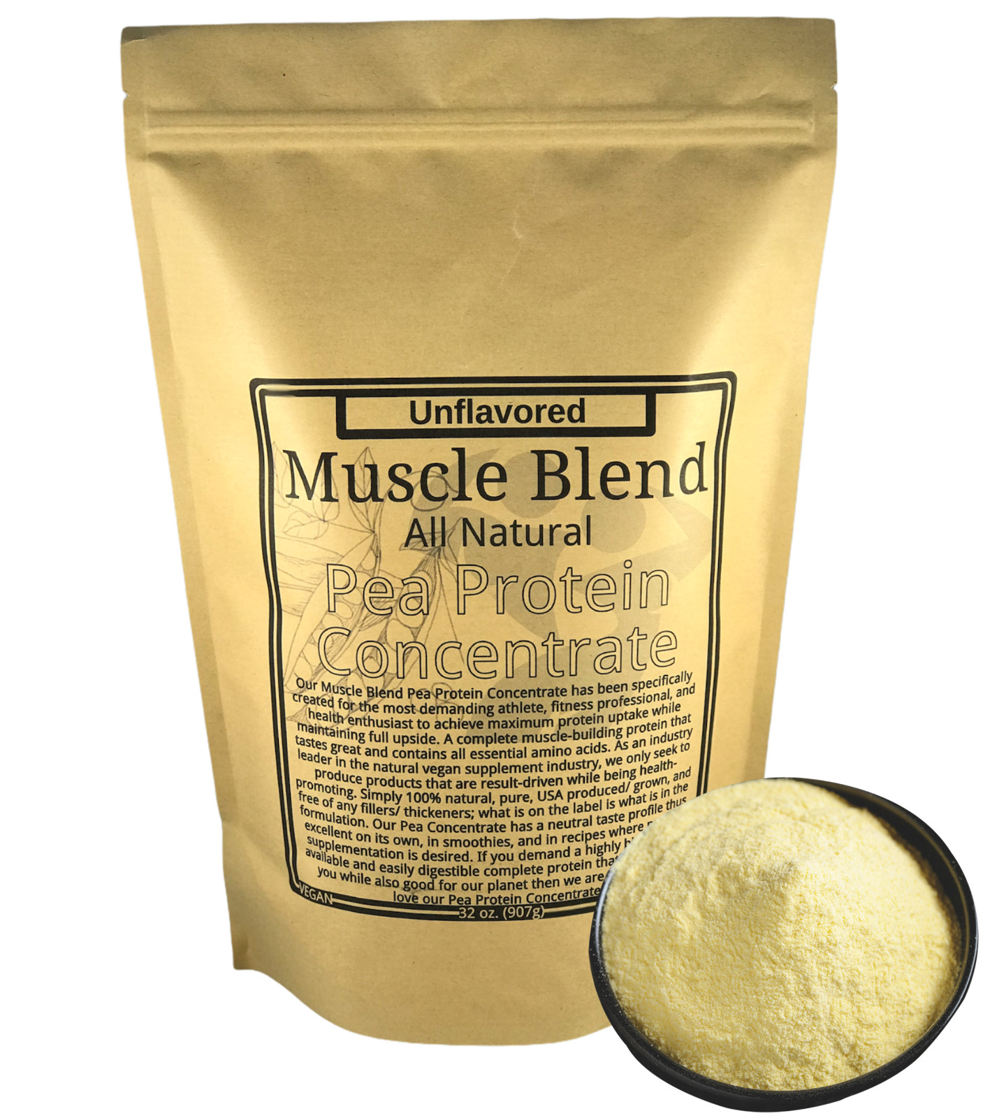 Pea Protein Powder Concentrate, Raw Vegan USA, 100% Pure Unflavored Muscle Blend