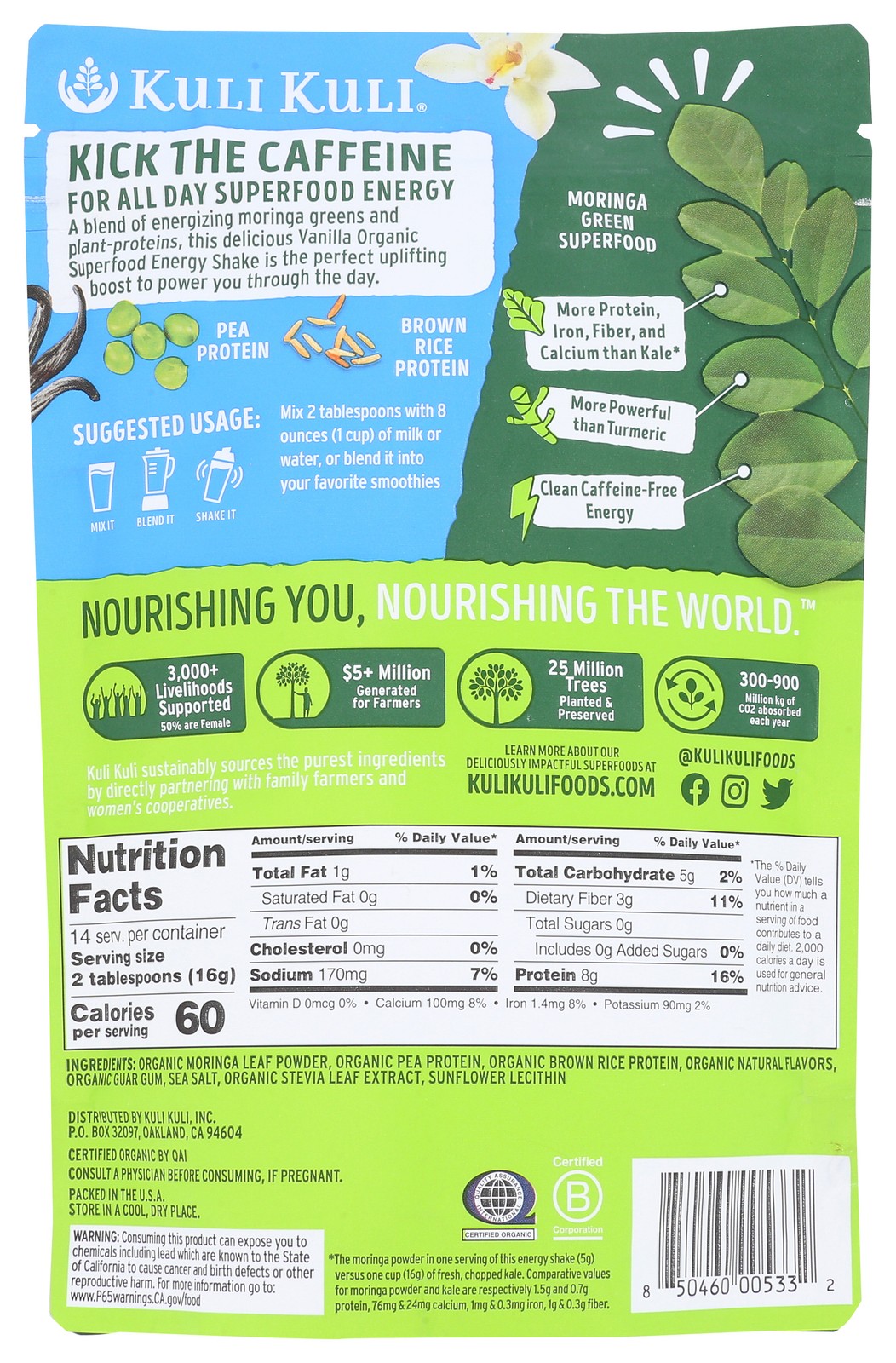 Kuli Organic Superfood Energy Shake Vanilla Flavor 7.9 Oz Powder 7.6 1 Pack