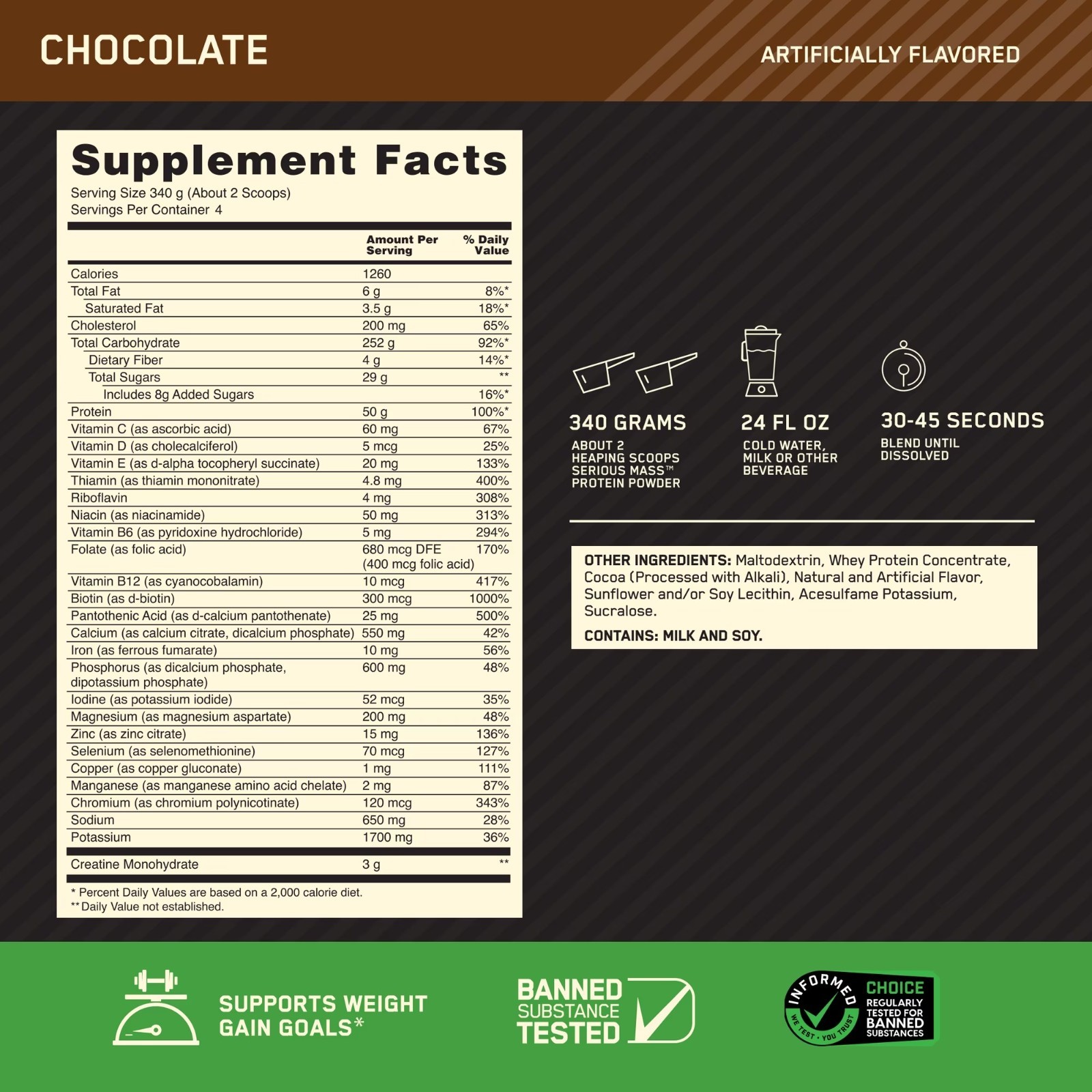 Optimum Nutrition Serious Mass, Chocolate, Weight Gainer Protein Powder, Mass Ga