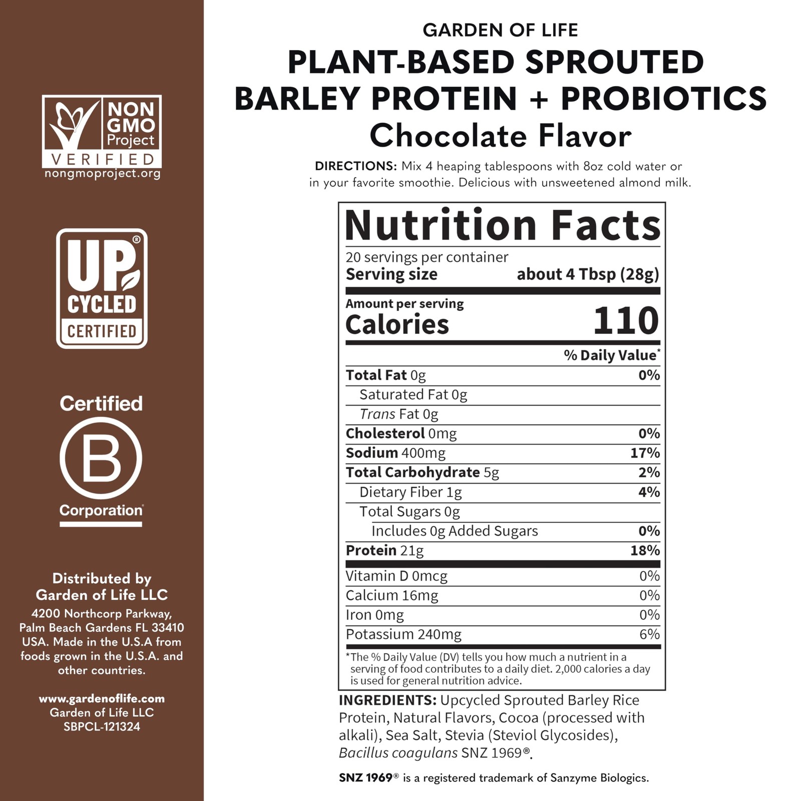 Garden Of Life Plant-Based Sprouted Barley Protein Chocolate 21G Protein 0G