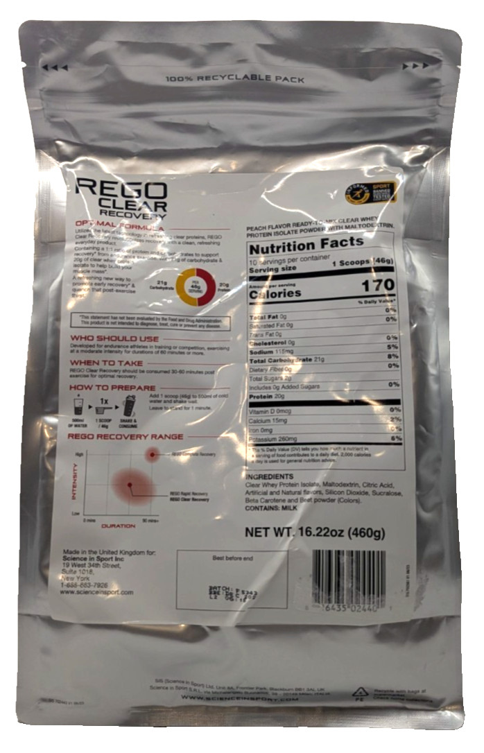 Science in Sport REGO Clear Recovery, 10 Servings, Peach, Exp. 12/27