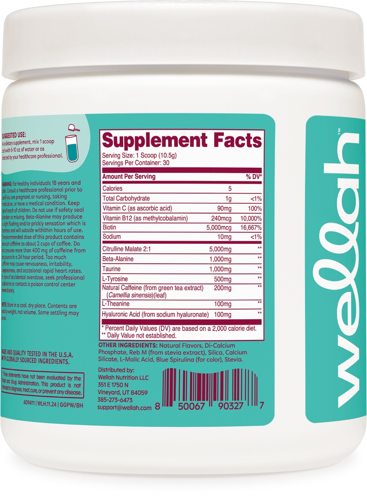 Wellah Get-Going Pre-Workout Drink Mix (Blue Hawaii Flavored, 30 Servings)