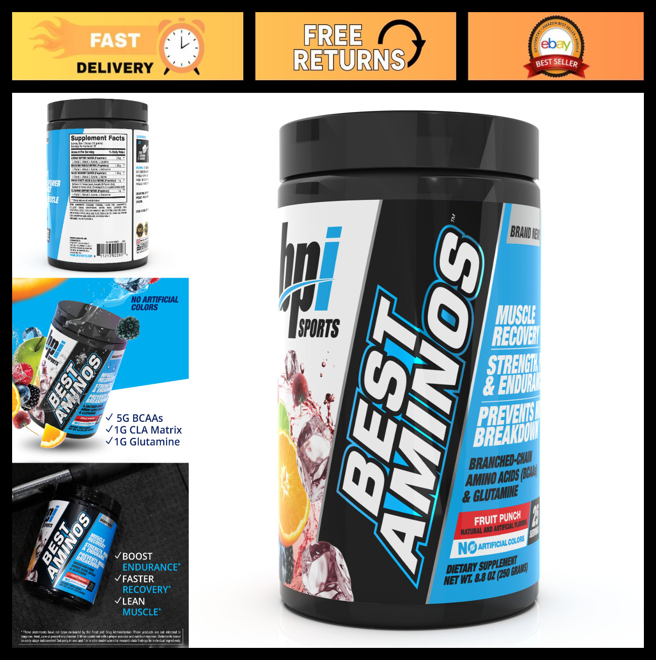 BCAA Amino Acid Powder for Post Workout Recovery & Hydration – Fruit Punch, 25 S