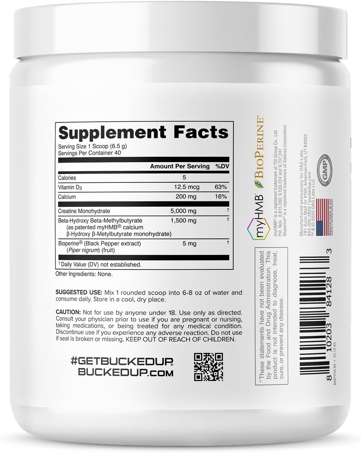 Bucked Up Creatine HMB Powder 40 Servings Unflavored 5g Creatine + myHMB
