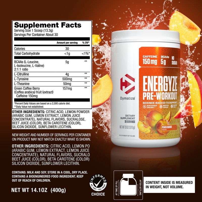 Energyze Preworkout Peach Mango 30 Servings Caffeine BCAAs Muscle Fuel Focus New