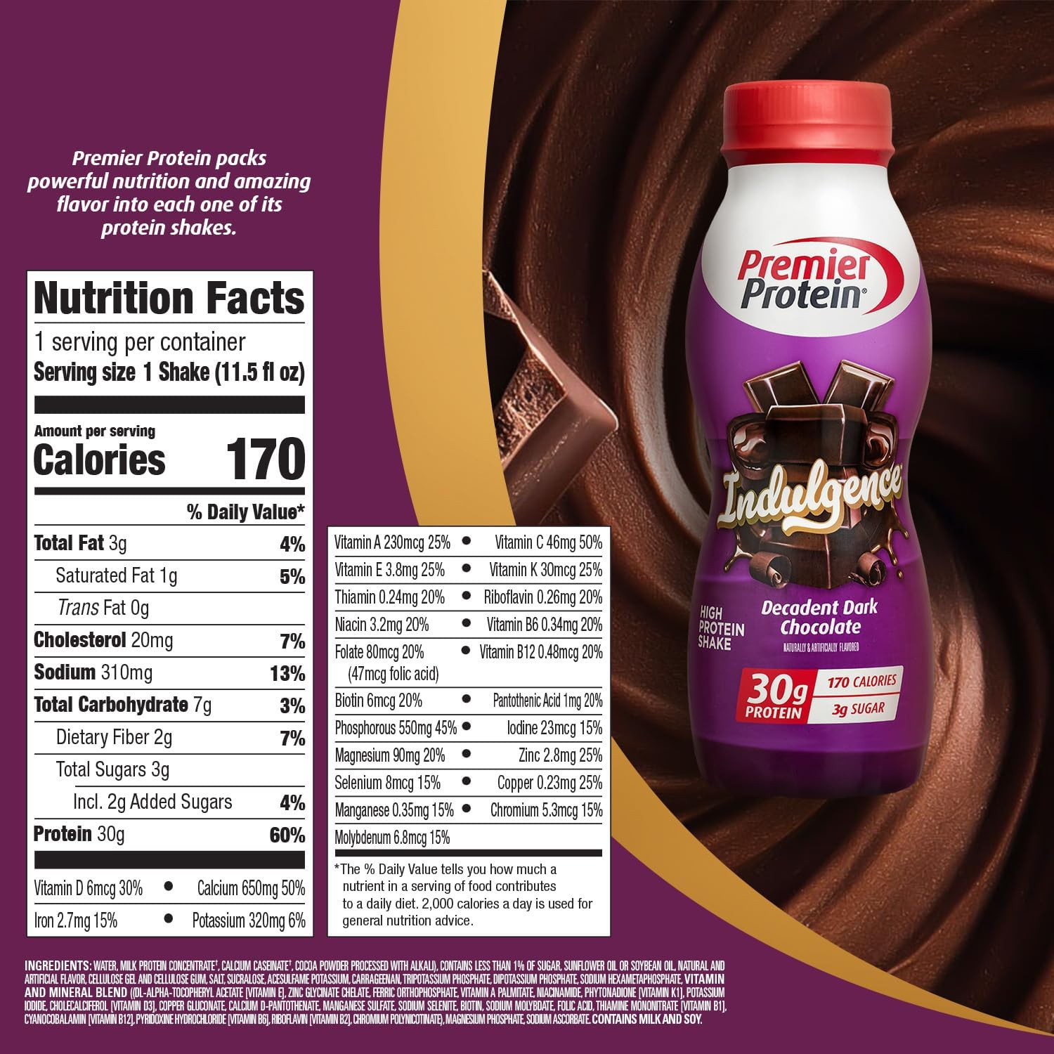 Premier Protein Indulgence Protein Shake, 30G Protein, 3G Sugar, Decadent Dark C