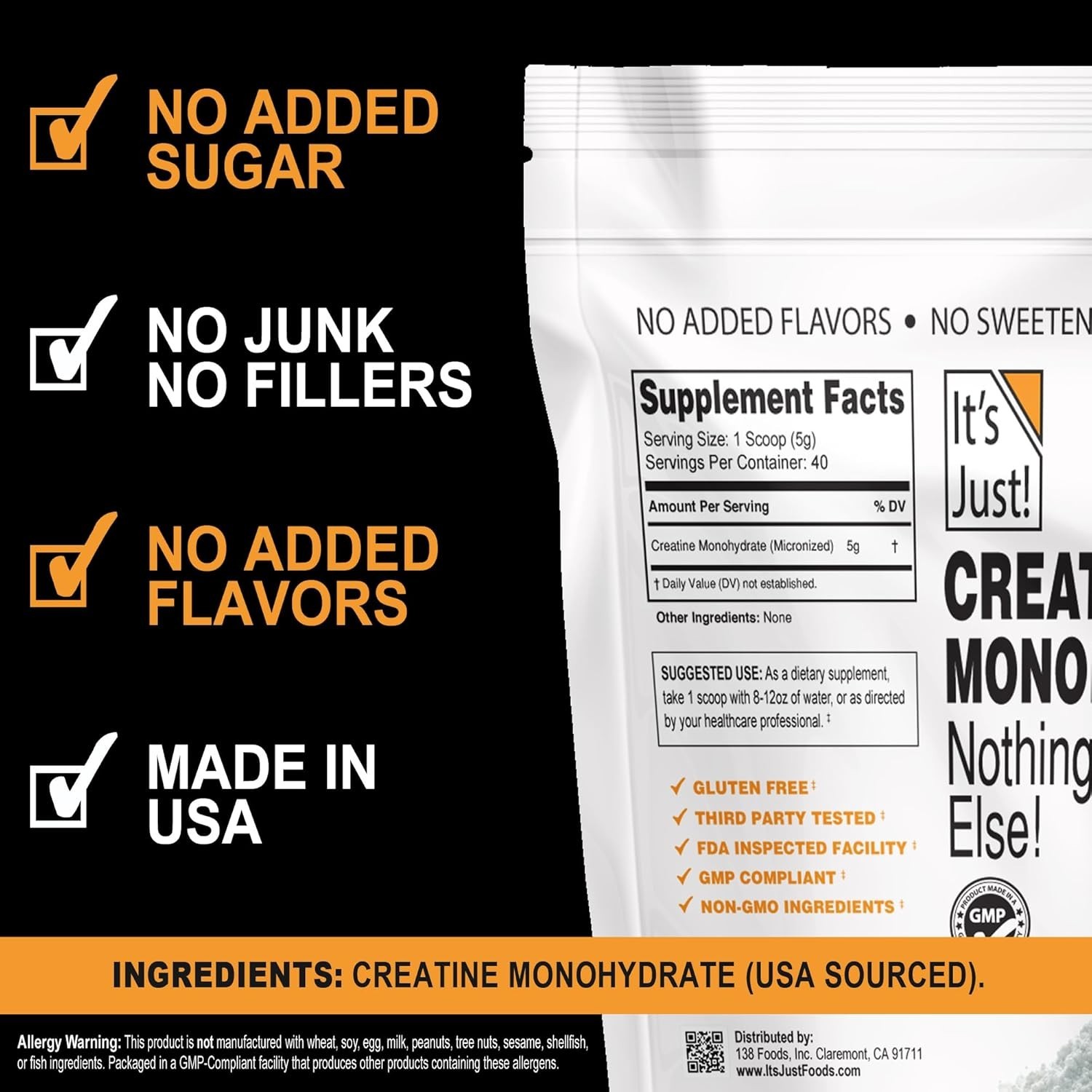 Unflavored Pure Creatine Monohydrate Powder, 40 Servings – 5g Per Scoop, 200g