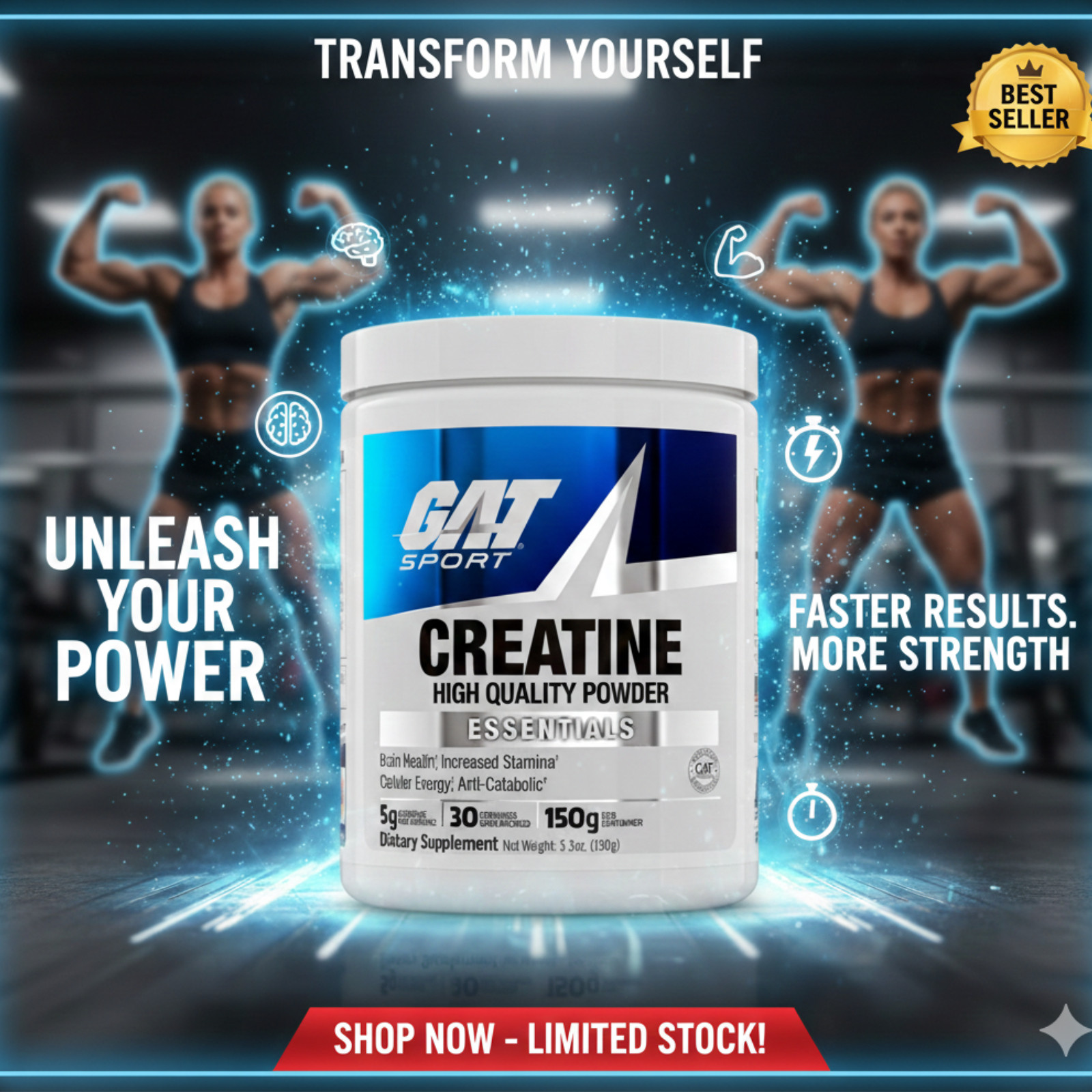 GAT Sport Creatine Monohydrate 150g – Strength & Brain Health – 30 Servings