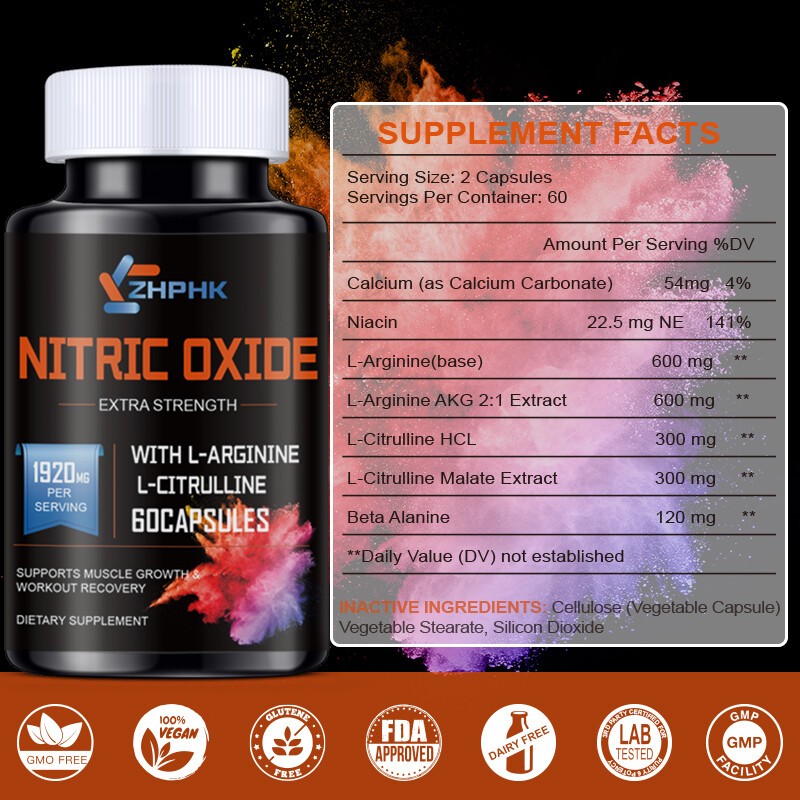 60 Nitric Oxide Booster Supplement w/ L-Arginine Premium Workout Muscle Capsule