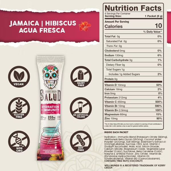 Salud Hydration + Immunity Hibiscus Electrolyte Drink – 6pk/0.21oz Packet Sticks