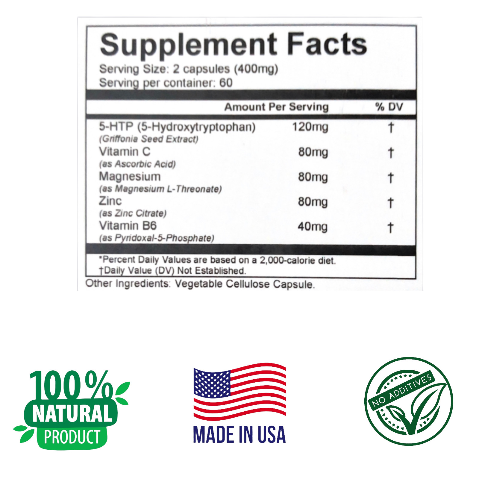 MOOD SUPPORT SUPPLEMENT, 120 Capsules, 5-HTP with Vitamins and minerals. Natural
