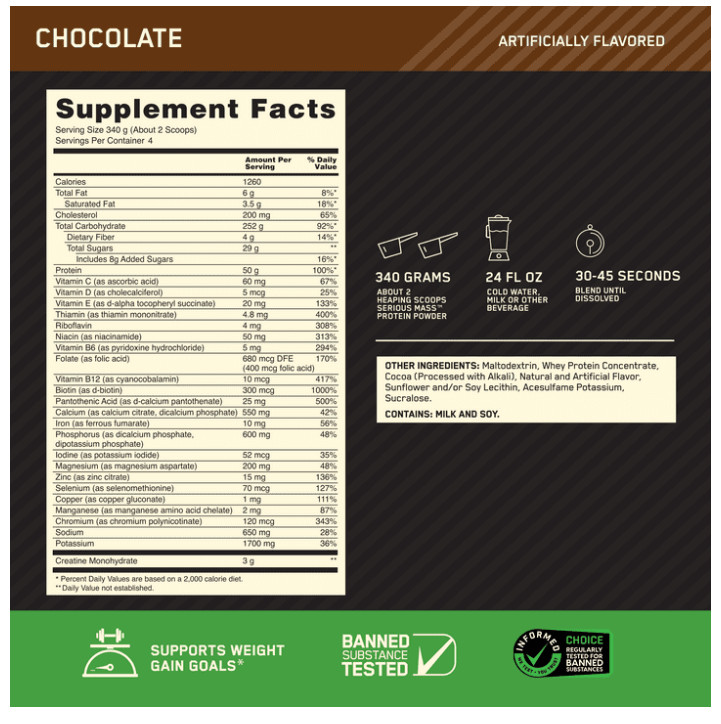 Optimum Nutrition Serious Mass Chocolate Weight Gainer Protein 3LB