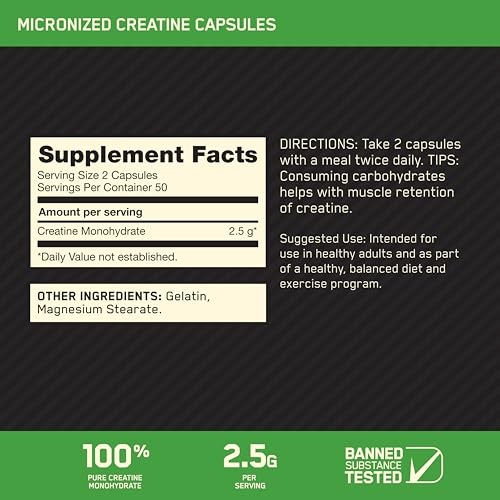 Creatine Monohydrate Capsules 2.5g 100 Count Strength
