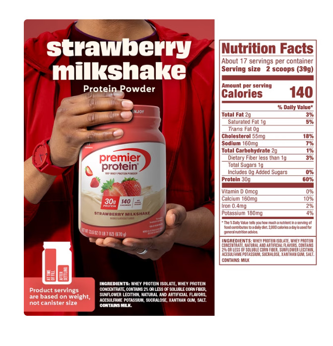 Premier Protein 100% Whey Protein Powder, Strawberry Milkshake, 30g Protein, 23.