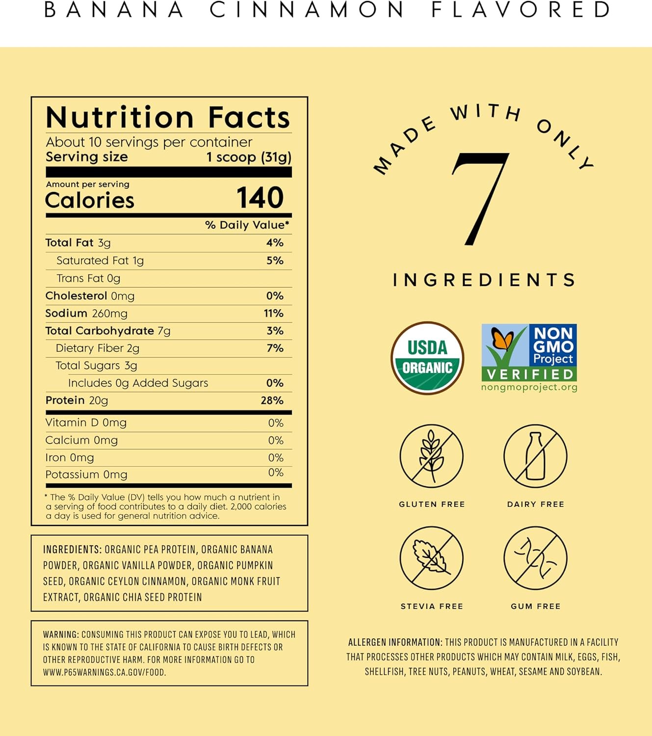 Truvani Organic Plant Based Protein Powder | Banana Cinnamon | 10 Servings | Ve