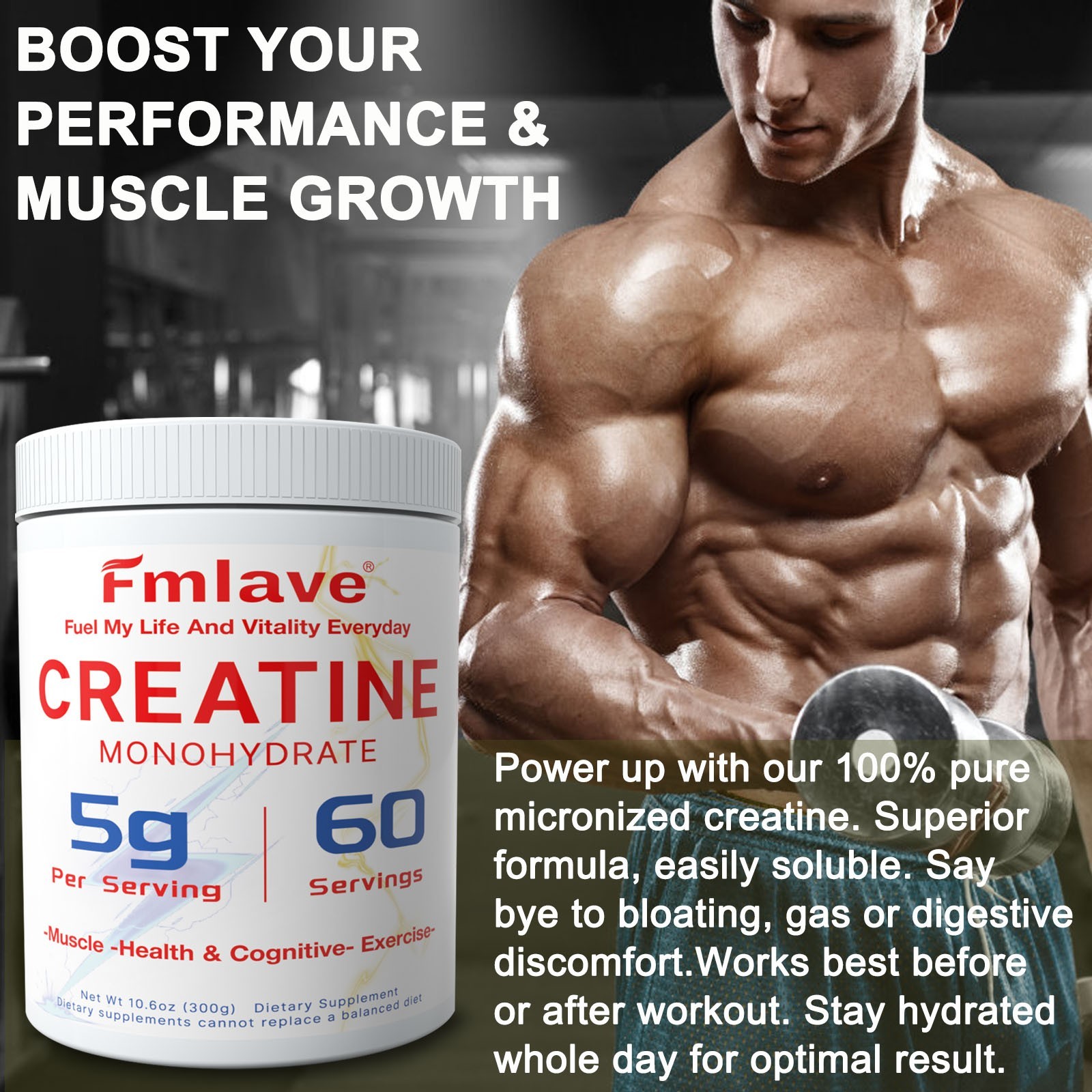 Creatine Monohydrate Powder Muscle gain (Micronized) 5g per serv 300g Unflavored