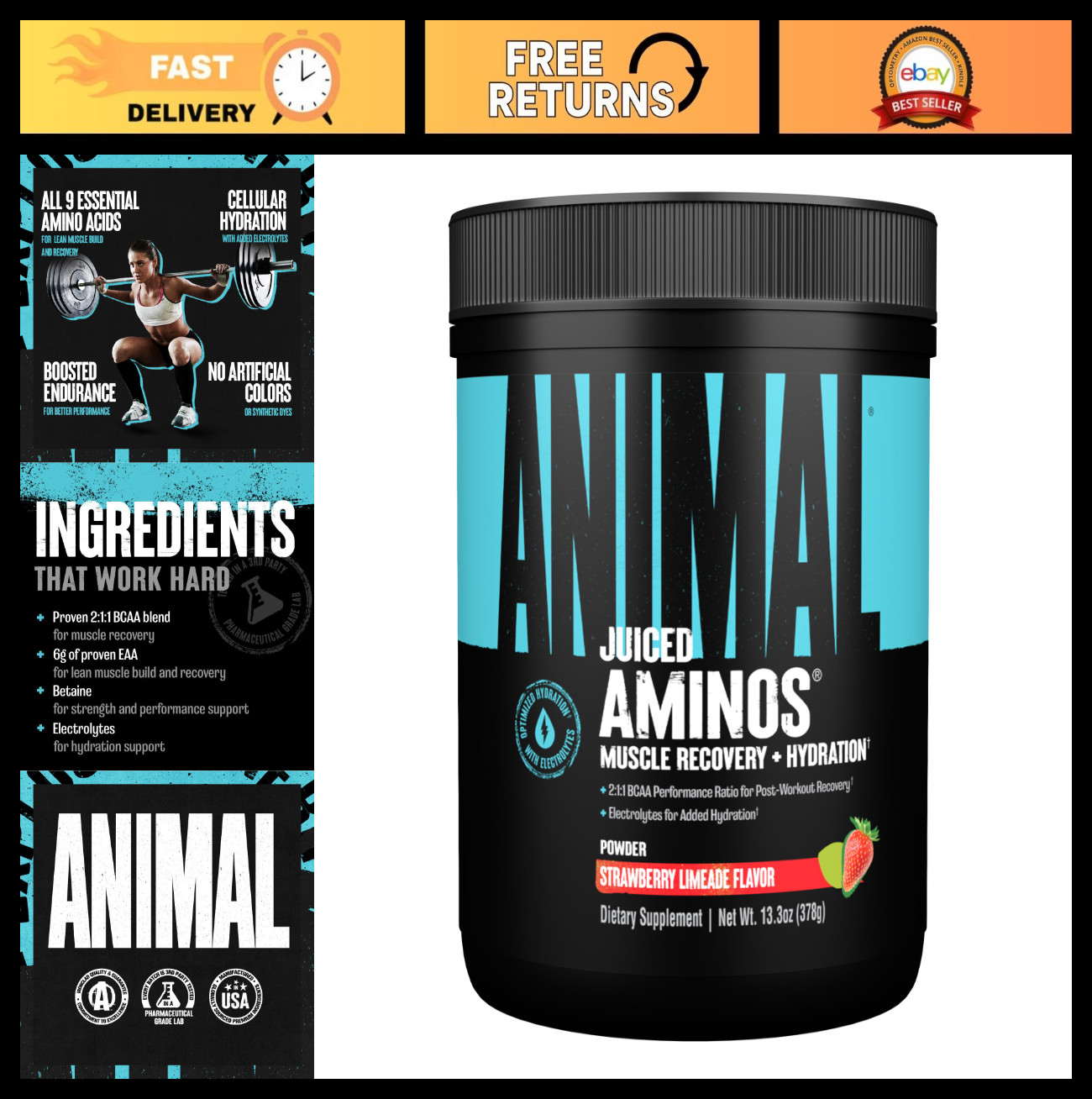 BCAA EAA Amino Acids Powder with Electrolytes & Sea Salt – Strawberry Limeade, 3