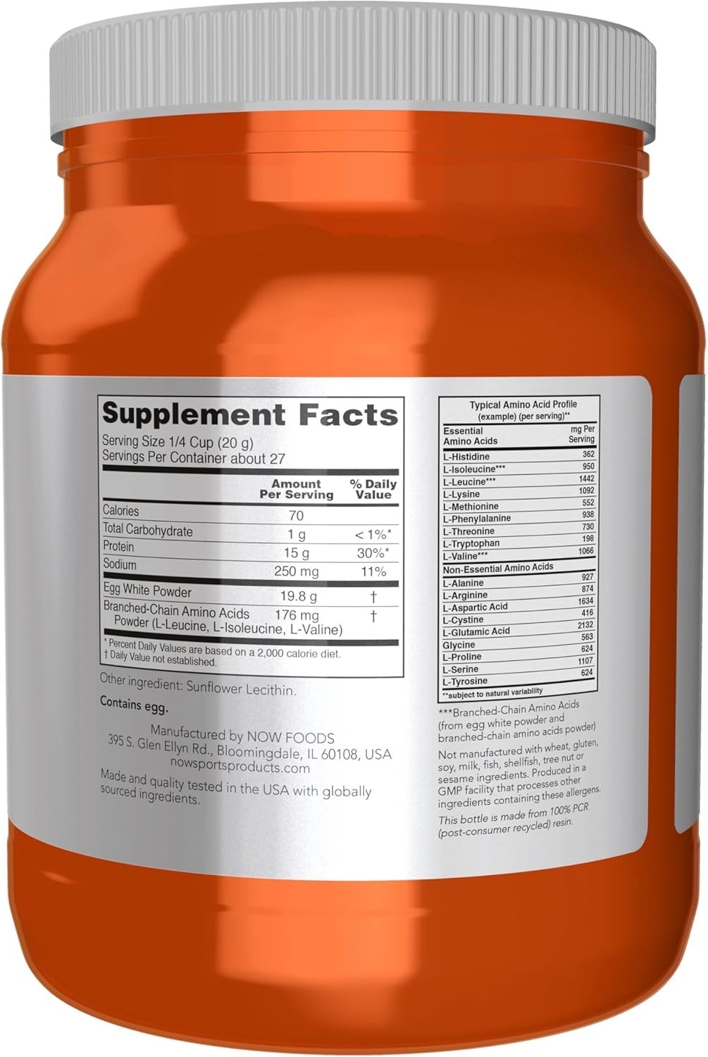 Egg White Protein Powder 1.2-Pound Unflavored 16g Protein BCAAs Sports Nutrition