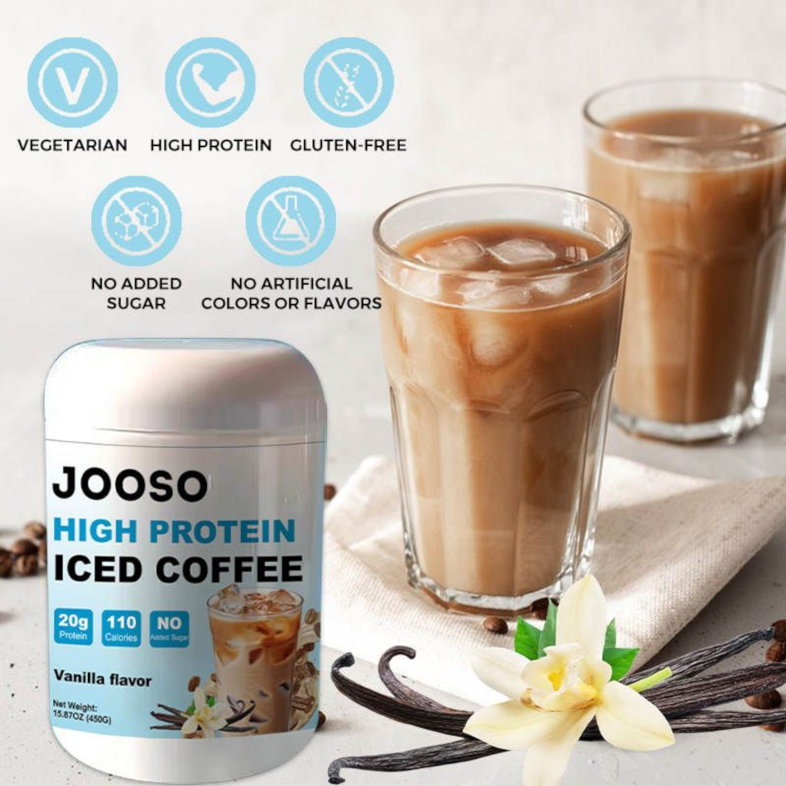 Jooso High Protein Iced Coffee, vanillaflavor, 15.87 oz (450g)