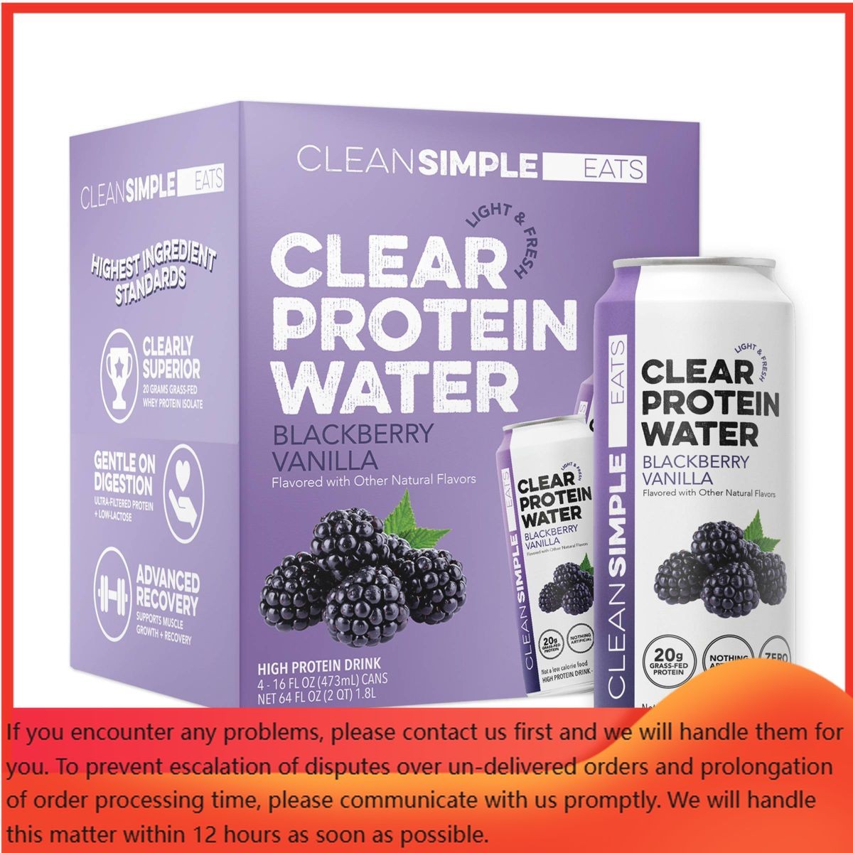 Clean Simple Eats Clear 20g Protein Water Blackberry Vanilla – 4pk/16 fl oz Cans