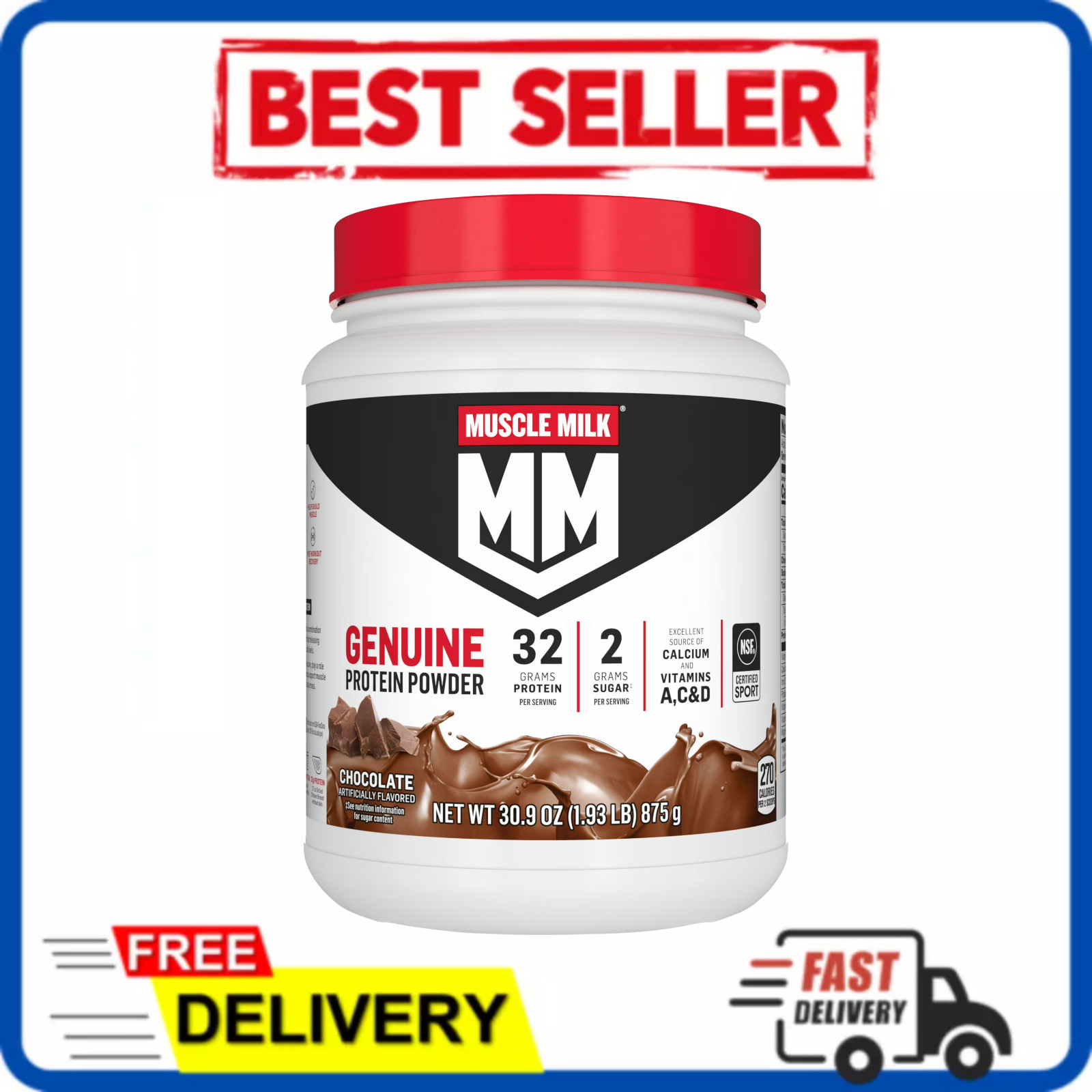 Muscle Milk Genuine Protein Powder Chocolate Flavor 32g Protein 1.93 lb NSF Cert