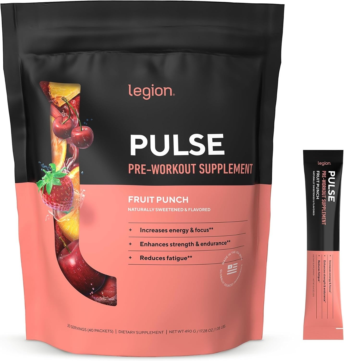 LEGION Pulse Pre Workout Packets FRUIT PUNCH, NO Booster, Beta Alanine, Caffeine
