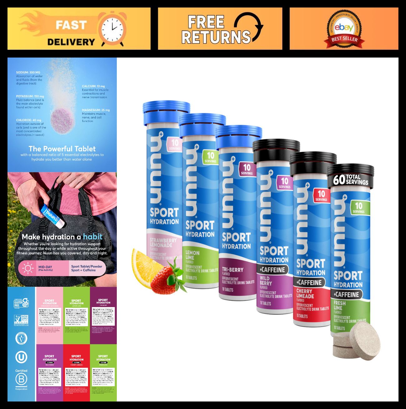 Electrolyte Tablets with Caffeine – Hydration Drink Mix, Vegan, Non-GMO, 6 Pack