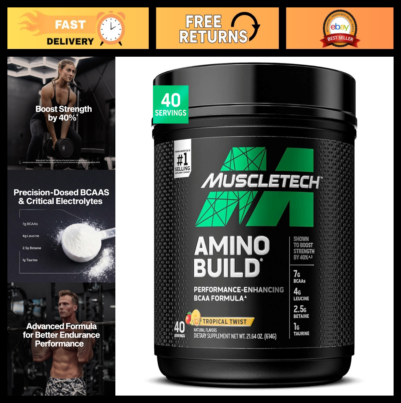 BCAA Amino Acids & Electrolyte Powder – 7g BCAAs, Build Lean Muscle, Boost Endur
