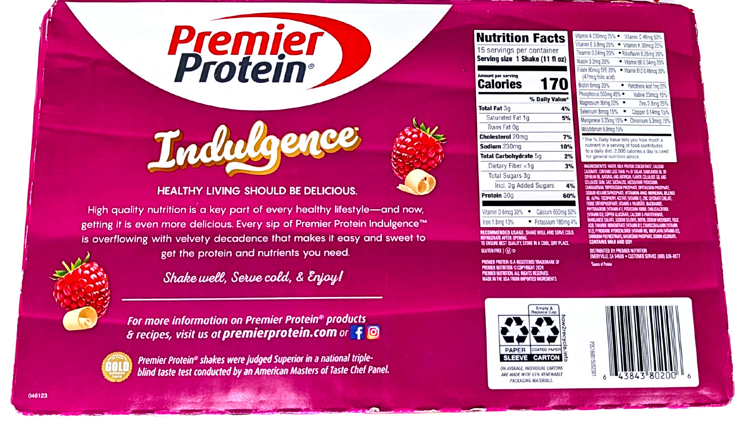 Premier Protein 30g High Protein Shake White Chocolate Raspberry 15 Ct EXP 06/26