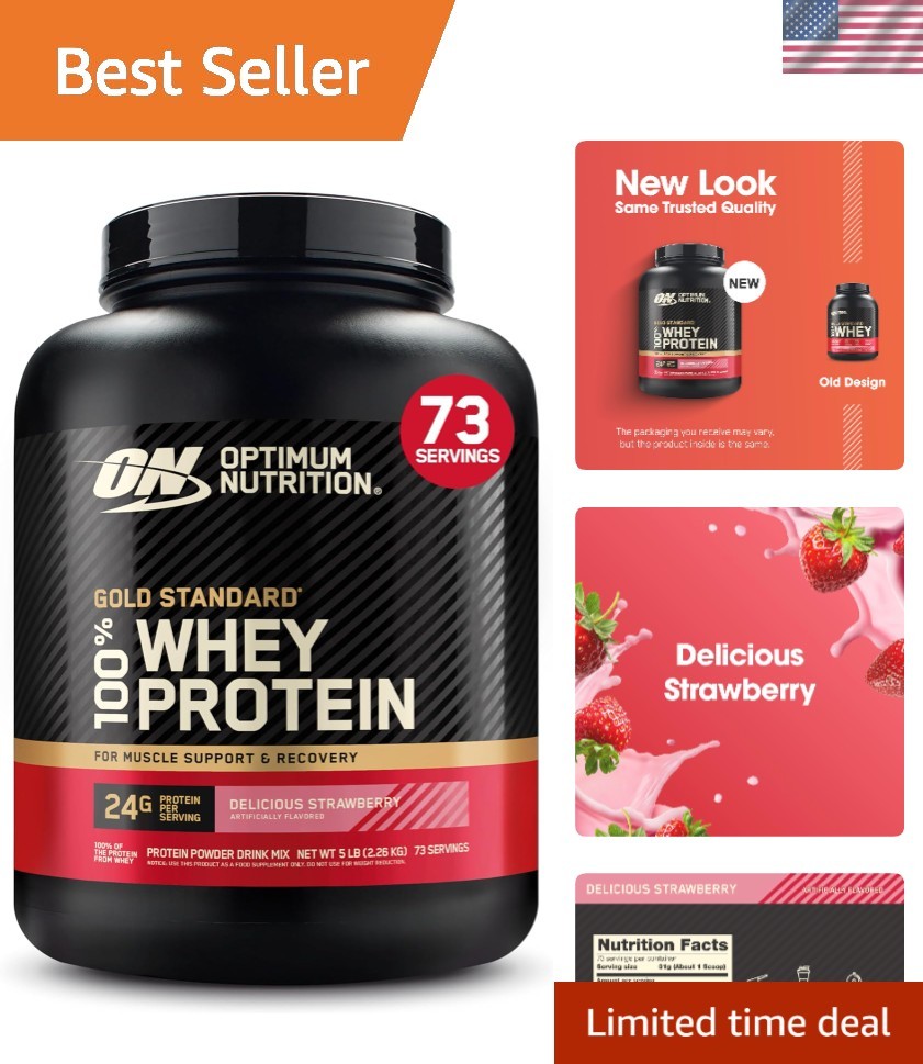 High-Quality Strawberry Whey Protein Powder – 24g Protein per Scoop, 5 lbs